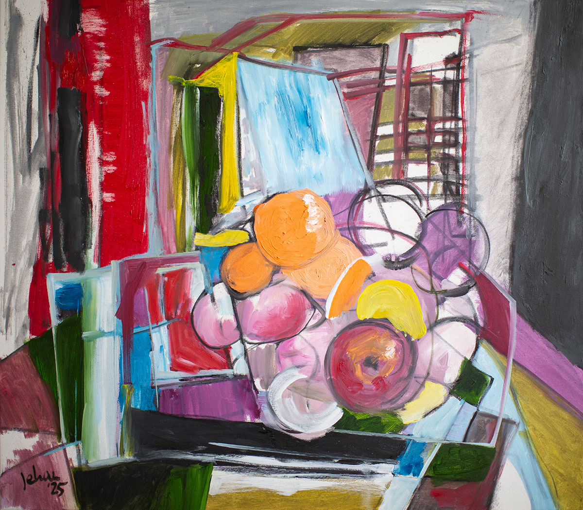 JEHAN - Äpfel und Orangen, Öl und Kohle auf Leinwand, 70x80cm